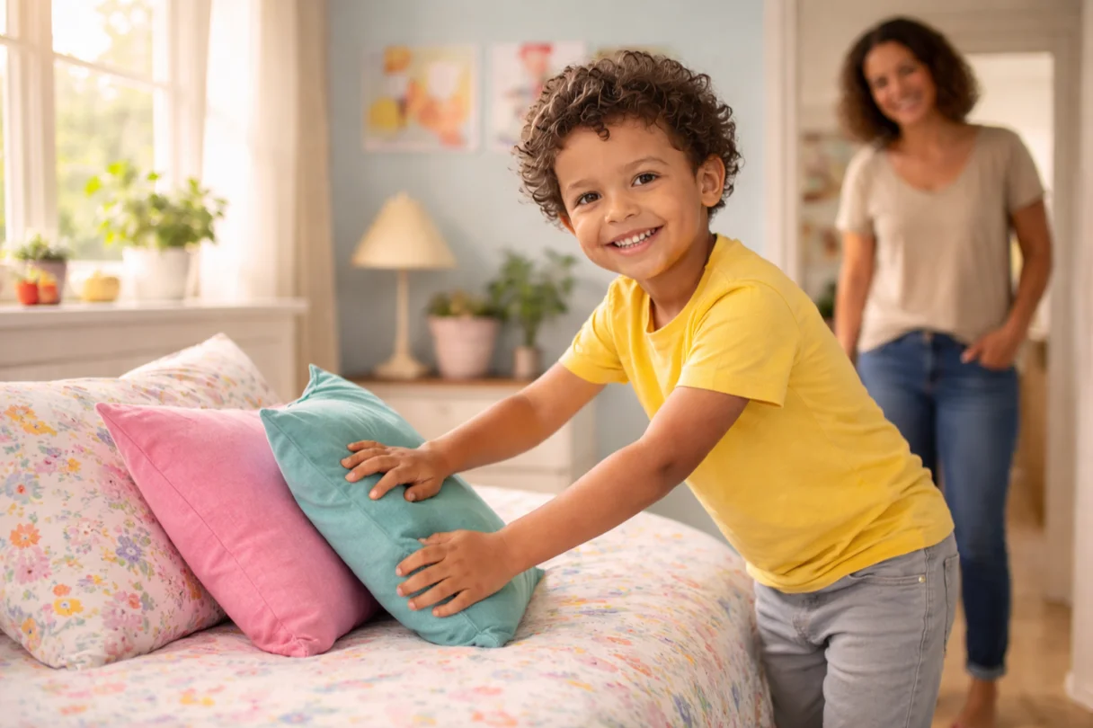 Child helping with household chores at home