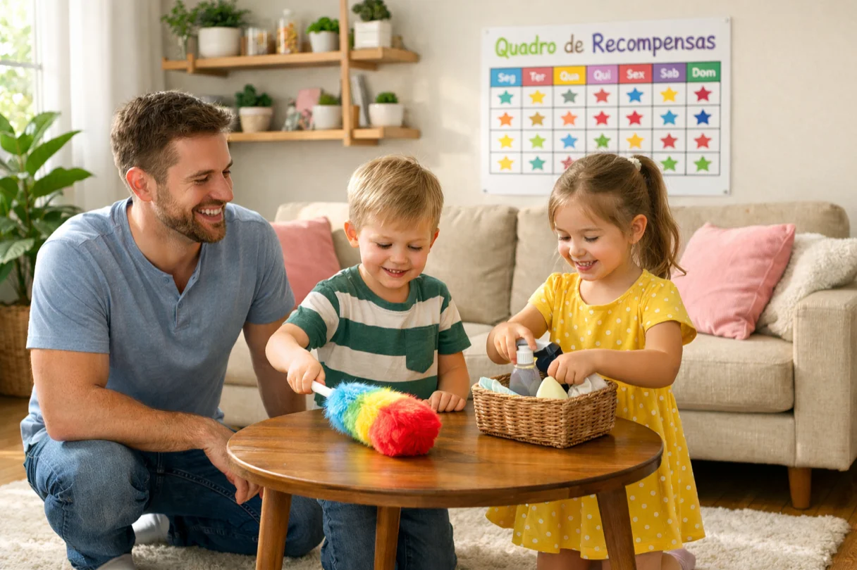 Kids doing fun chores in the living room