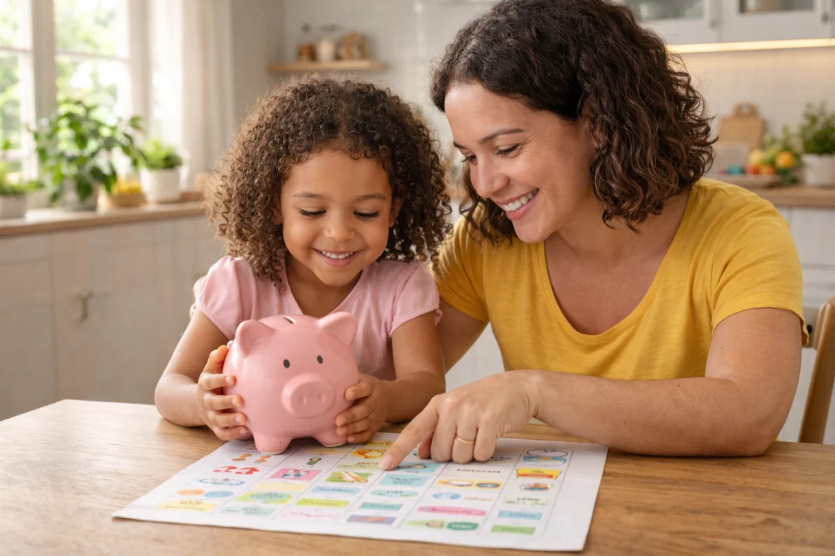 Mother and son talking about money at home