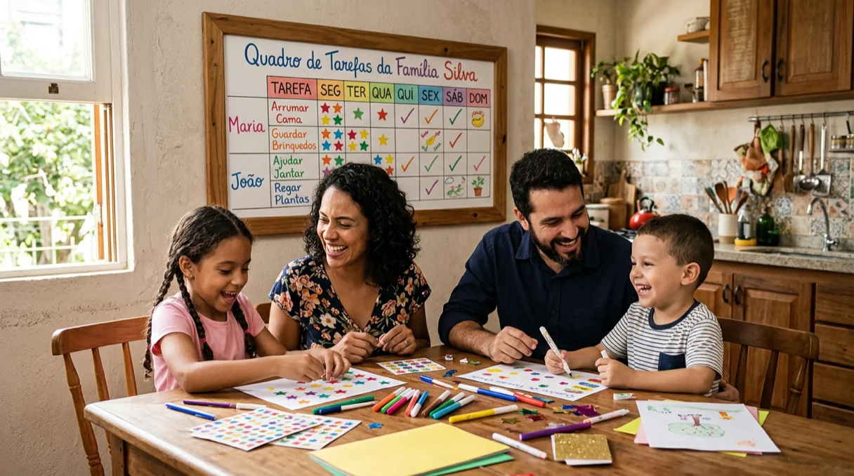 Family using a chore chart to organize their routine